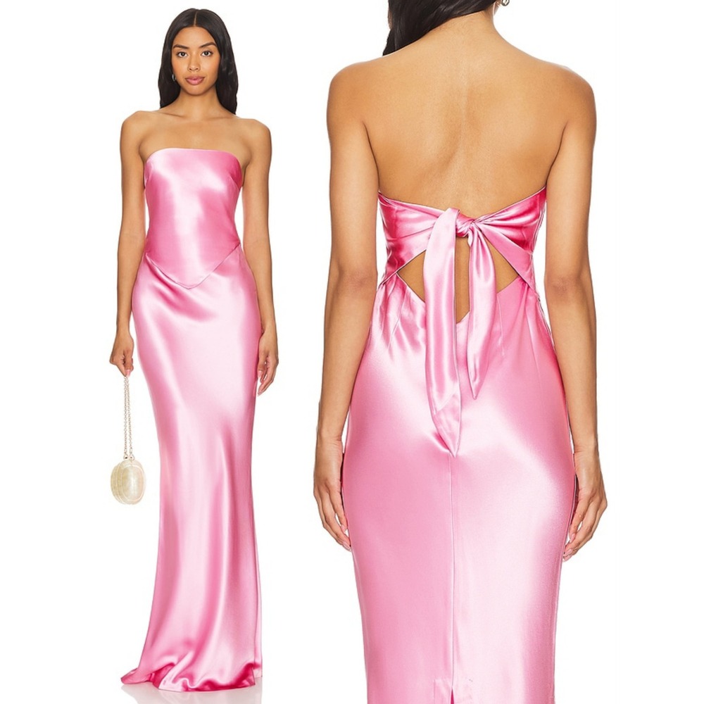 NWT Retrofete Fluid Satin Strapless Tie Back Skye Dress Maxi Gown Fondant Pink M